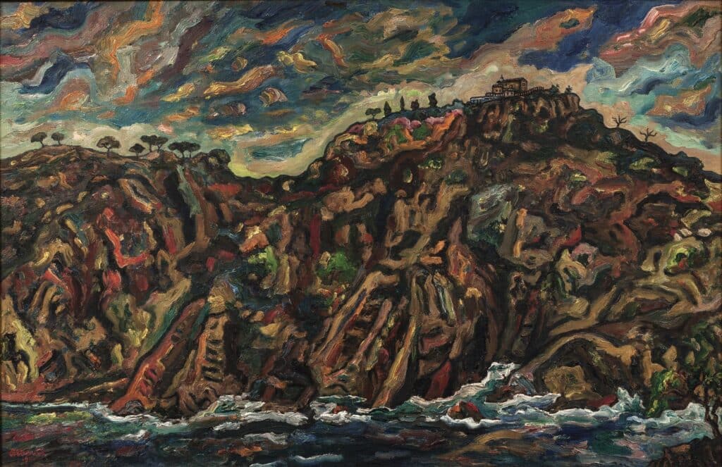 Oli expressionista amb un paisatge de costa rocosa i agitada amb un mas al cim del turó i un cel de núvols en colors càlids i sinuosos.