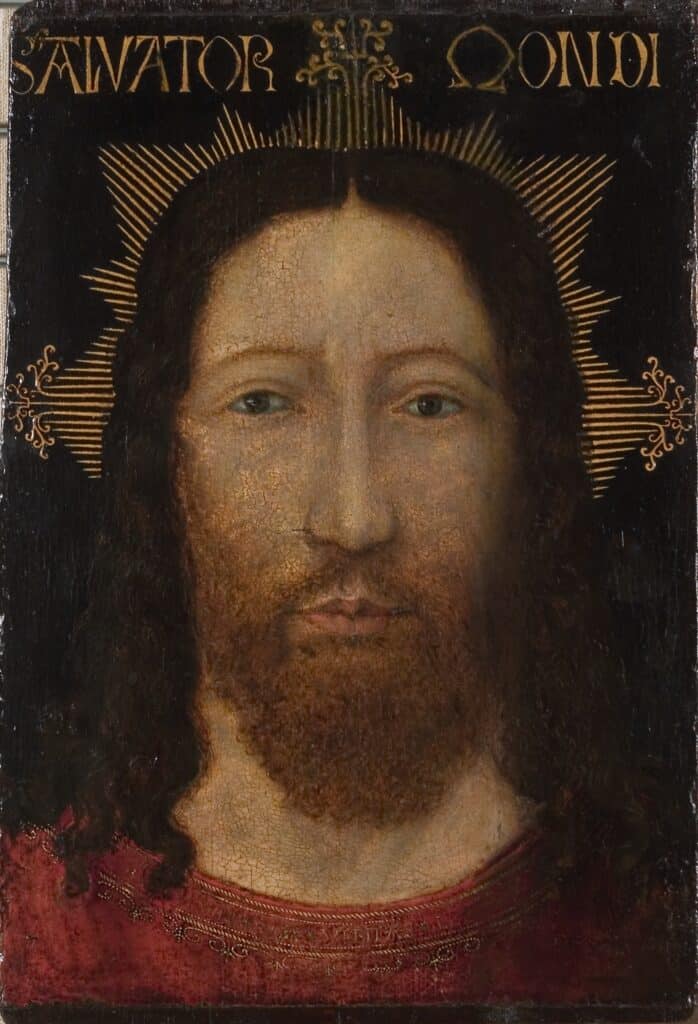 Taula flamenca del segle XV amb el rostre frontal de Crist amb aurèola daurada i la inscripció Salvator Mundi en lletres gòtiques.