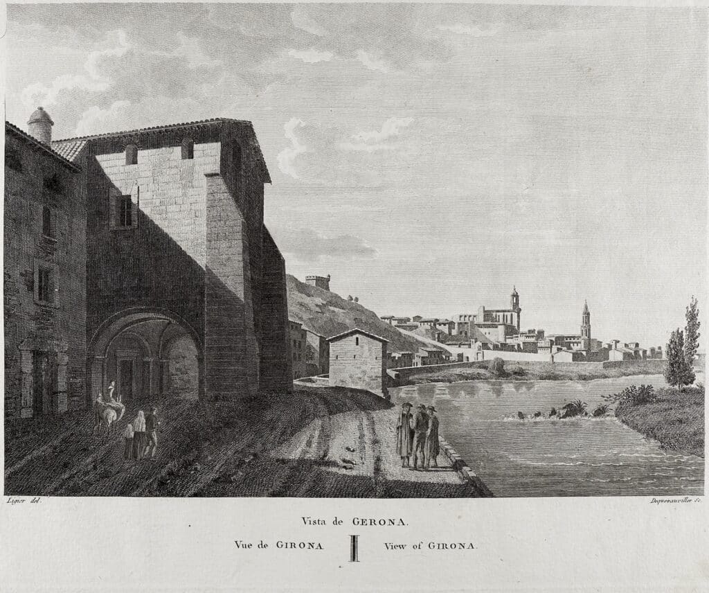 Gravat del segle XVIII amb una vista de Girona des del riu , amb figures al primer pla i la catedral al fons