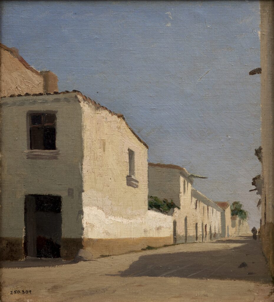 Oli sobre tela d'un carrer solitari amb cases blanques de teulada de teula sota un cel blau clar.