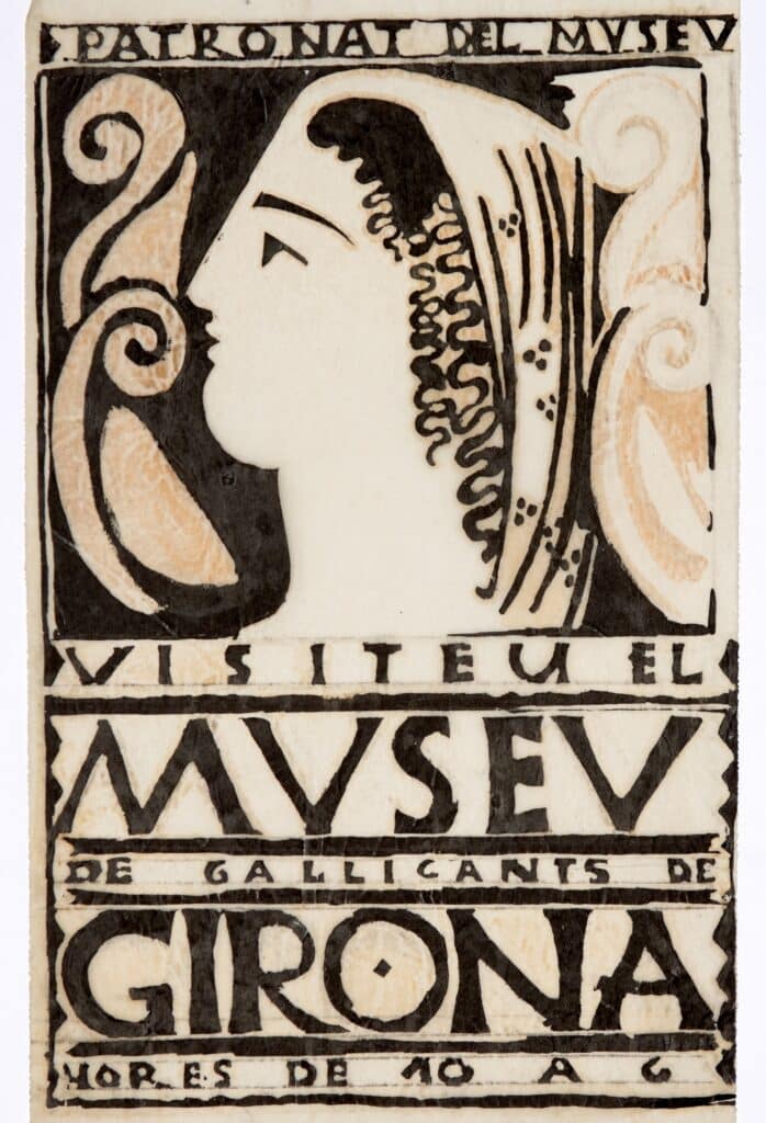 Cartell modernista del Patronat del Museu de Galligants de Girona amb un perfil femení estilitzat en negre i sanguina, i tipografia de pal sec.