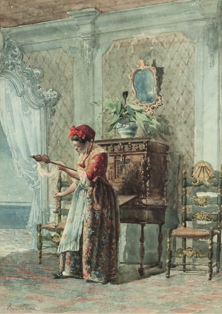 Aquarel·la amb una dona amb un vestit de flors i mocador vermell en una cambra senyorial del segle XVIII, amb mirall daurat i cortinatges barrocs.