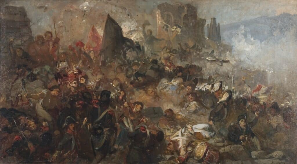 Esbós a l'oli sobre tela, que representa una escena de batalla amb multitud de soldats, cavalls i una bandera vermella desplegada al centre, tractada amb pinzellada àgil i tonalitats fosques.