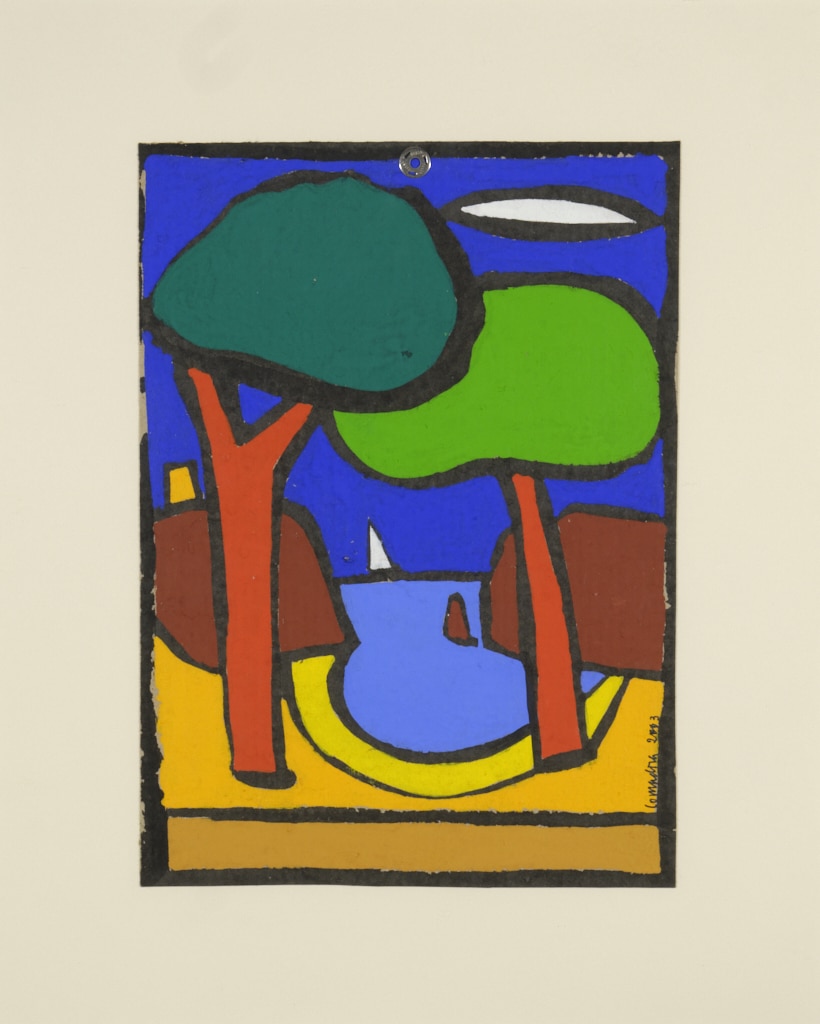 Composició abstracta amb dos arbres estilitzats en tons verds sobre fons blau i groc, guaix amb contorns negres marcats.