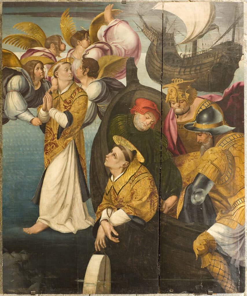 Grup de figures amb àngels, vaixell al fons, guerrers amb armadura daurada, pintura renaixentista