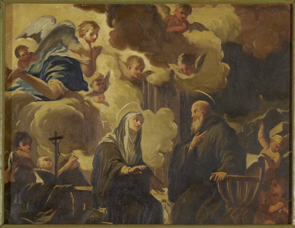Escena religiosa barroca amb sants en èxtasi envoltat d'àngels i núvols, pintura amb composició dinàmica i lluminosa.