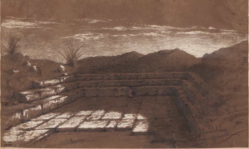 Paisatge amb mur de pedra, palmeres i muntanyes, dibuix a tinta marró amb tocs blancs destacant la llum