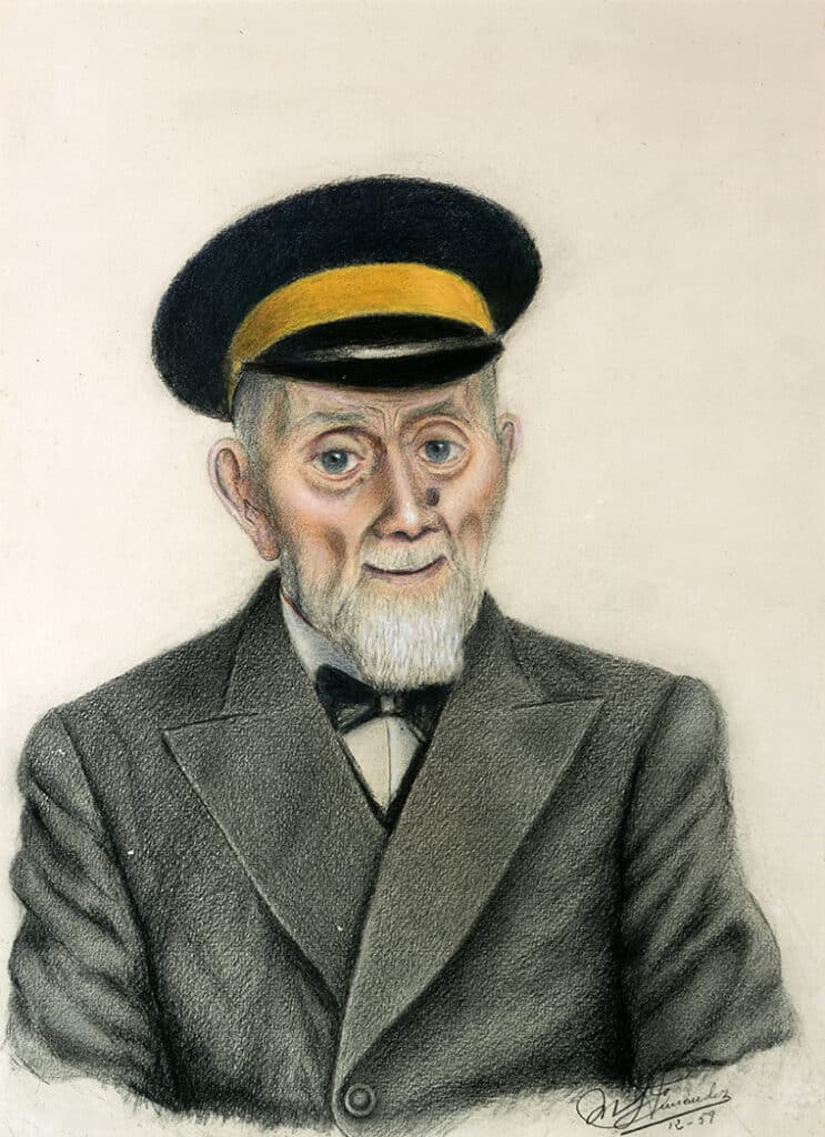 Retrat d'home gran amb barba blanca i barret negre amb franja groga, vestit amb americana i llacet