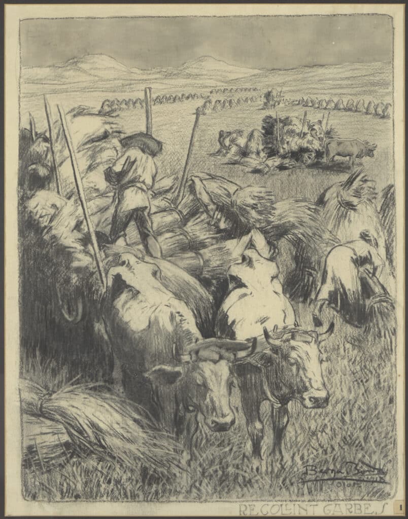 Escena rural amb pagesos en un camp de blat i bous, amb paisatge pla i muntanyes al fons