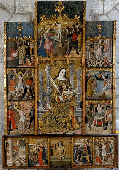 Retaule gòtic amb múltiples escenes de la vida de santa sobre fons daurat, estructura vertical amb marc arquitectònic ornamentat