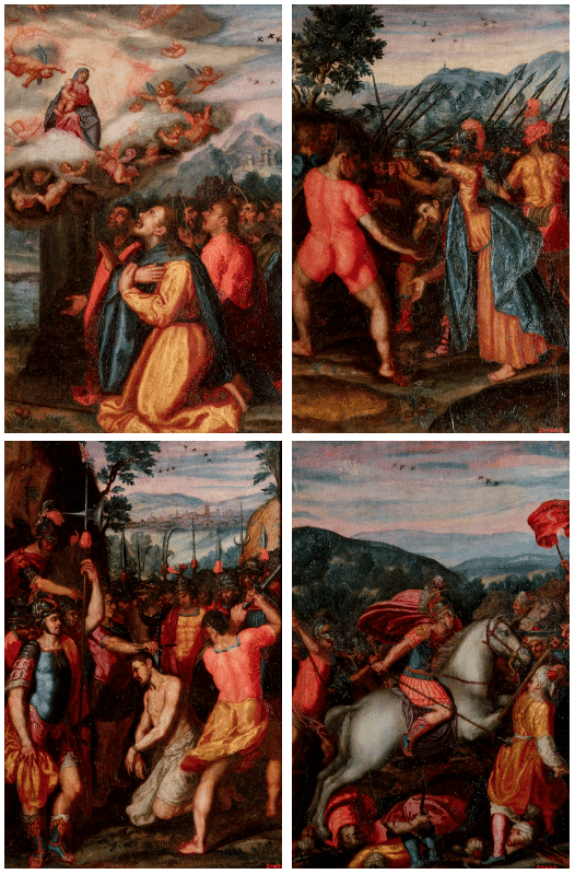 Quatre imatges que representen l'Aparició de la Verge del Pilar, la Captura de sant Jaume, la Decapitació de sant Jaume i Sant Jaume a la batalla de Clavijo, d'estil barroc