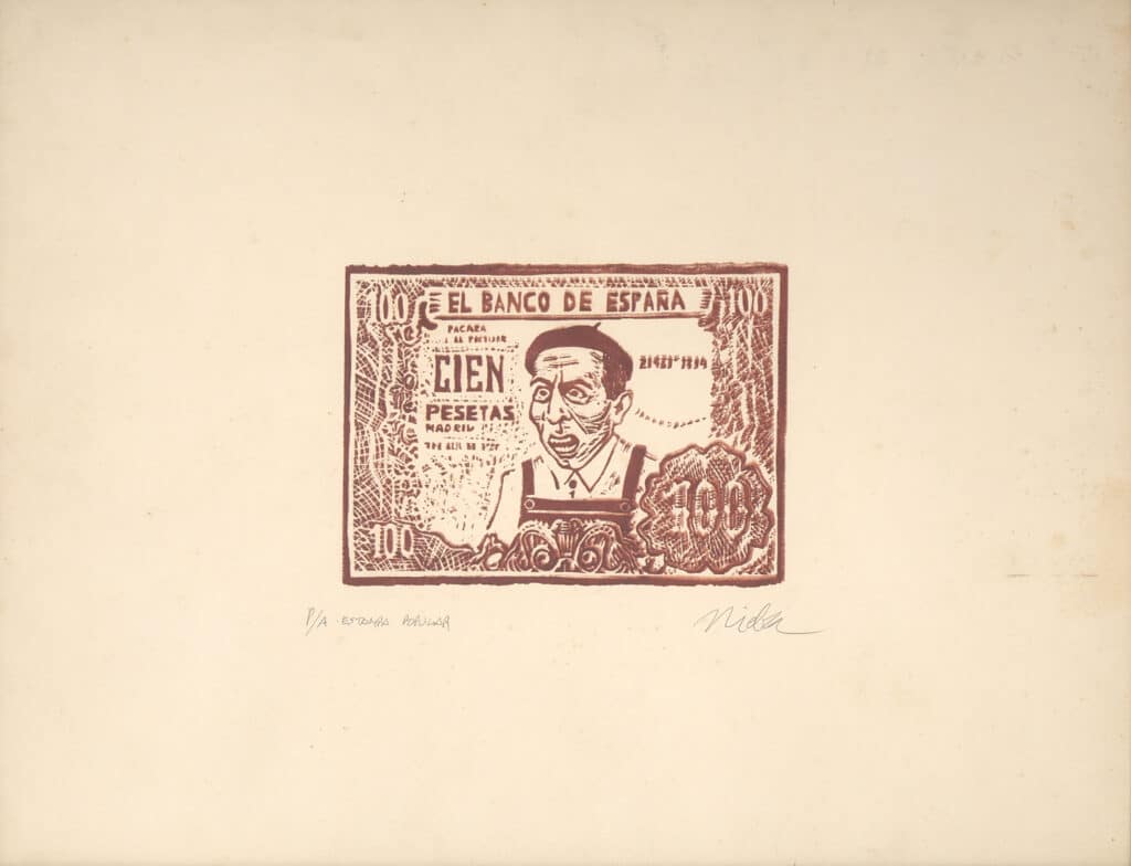 Gravat satíric d'un bitllet de cent pessetes del Banco de España amb figura caricaturitzada, obra signada sobre paper beix