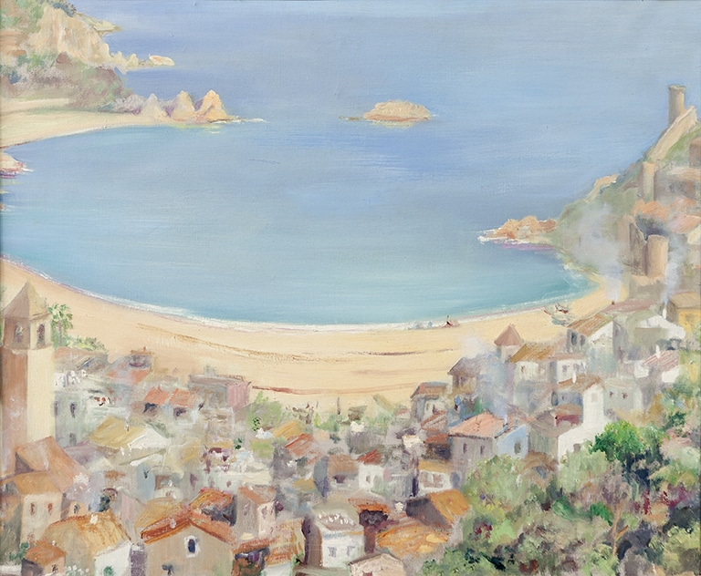 Vista de poble costaner mediterrani amb teulades vermelles descendint cap a badia blava, pintura amb colors suaus