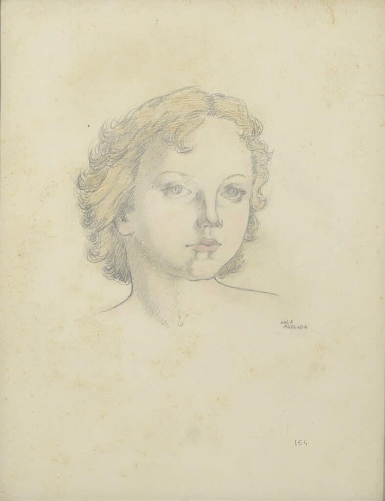 Retrat femení amb llapis de colors suaus sobre paper, cap amb cabell ondulat i expressió serena