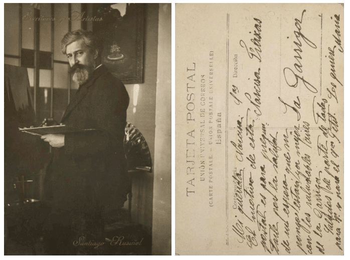 Targeta postal antiga amb fotografia Prudenci Bertrana mirant a càmera amb una paleta a la mà a l'esquerra i text manuscrit al revers a la dreta.