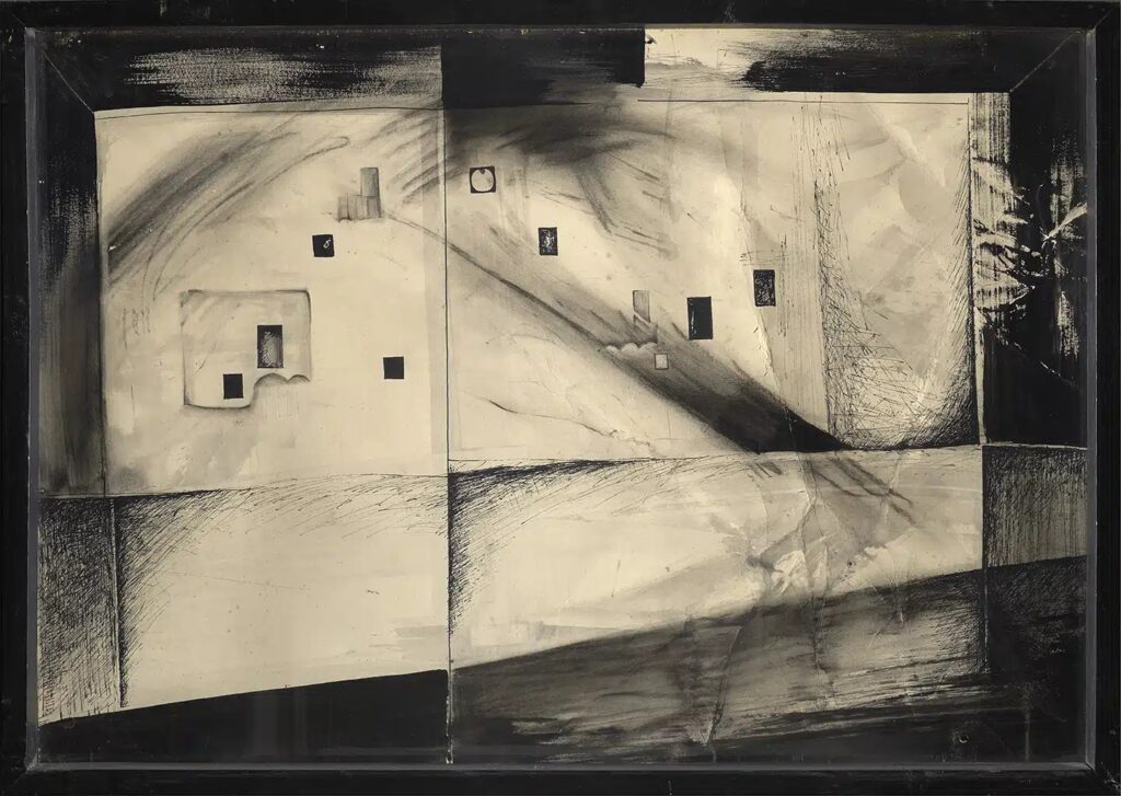 Composició abstracta en tons beixos i negres, formes geomètriques i textures sobre marc fosc