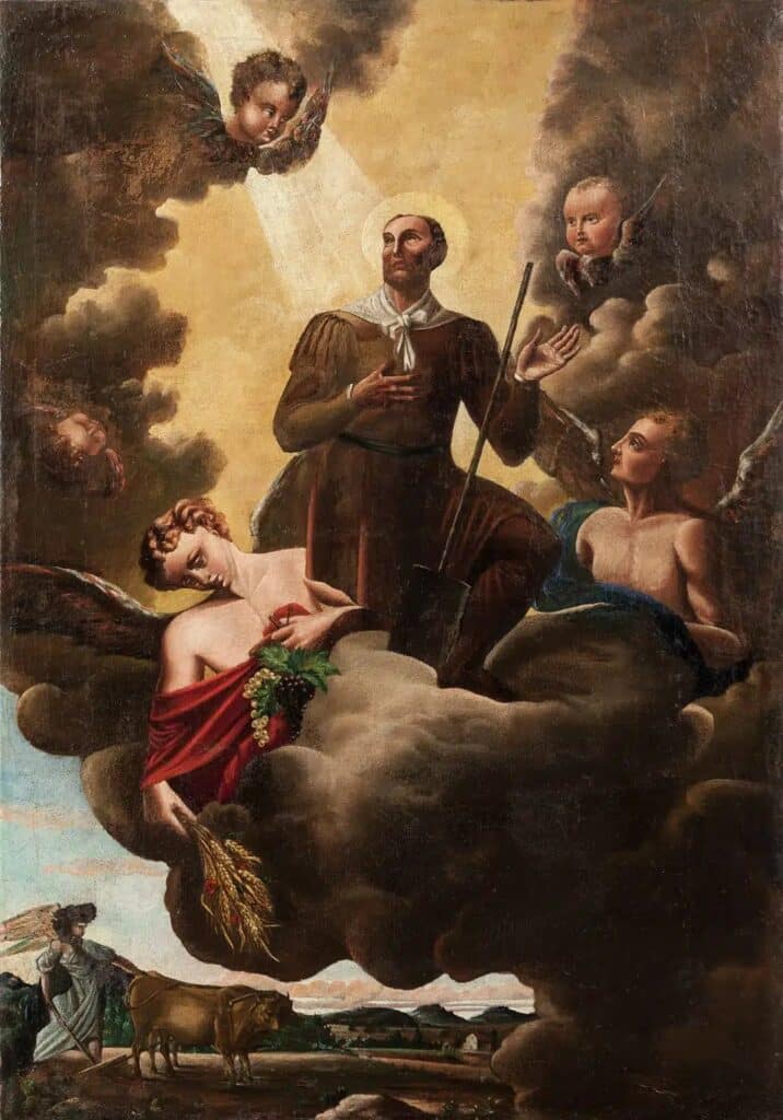 Sant amb aurèola i hàbit marró envoltat d'àngels i figures al·legòriques sobre núvols, amb escena pastoral al peu, pintura barroca religiosa.