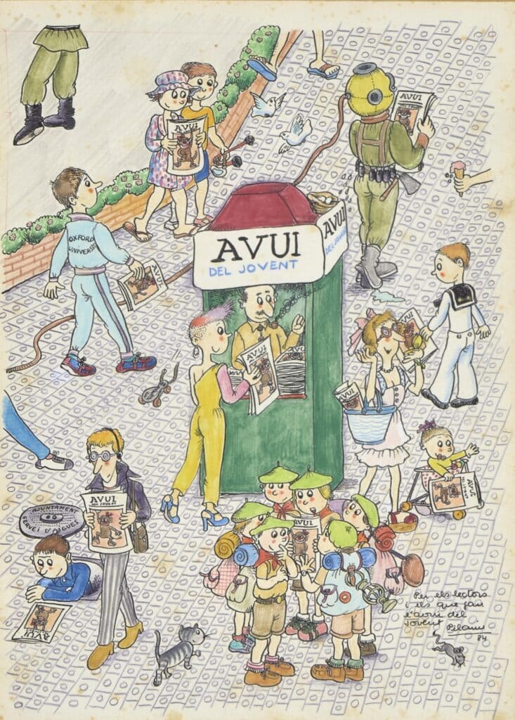 Il·lustració infantil amb personatges diversos al voltant d'un quiosc de premsa amb el rètol "AVUI del Jovent", dibuix acolorit sobre paper