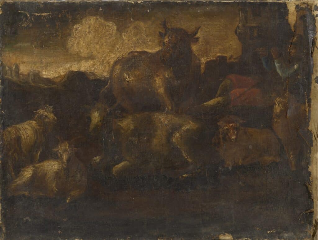 Escena pastoral amb ovelles i vaques amb una figura humana, pintura a l'oli amb tons foscos i daurats