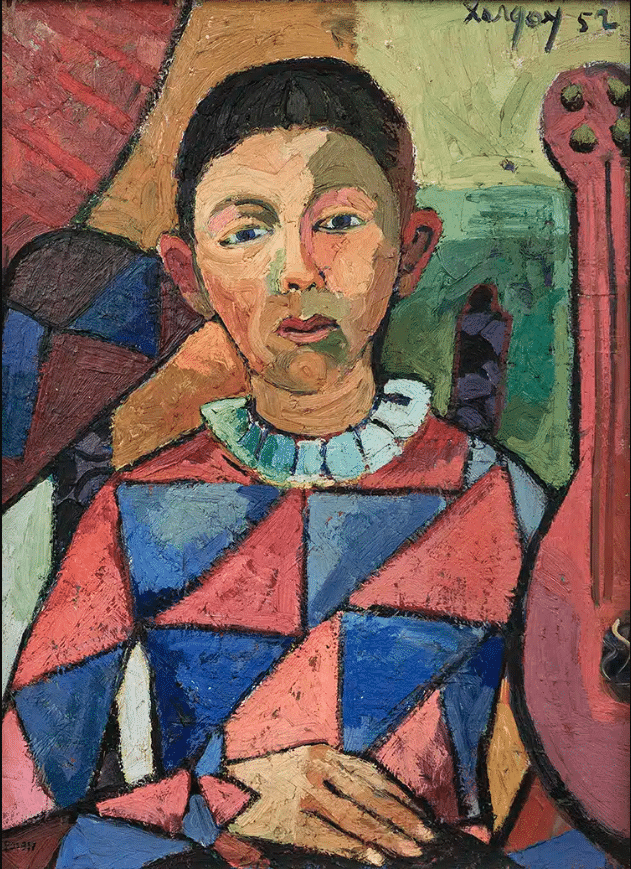 Retrat expressionista d'un arlequí amb vestit de rombe blaus i vermells i gola blanca, pintura a l'oli amb pinzellades gruixudes i colors vius