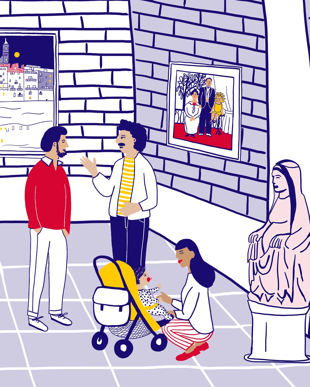Il·lustració de Gemma Terol d’una escena dins una sala del museu: dues persones conversen dempeus, una mare juga amb el seu nadó assegut al cotxet i, al voltant, es veuen obres d’art —la pintura "La família" d'Olga Sacharoff i una escultura de la mare de Déu de l'Esperança