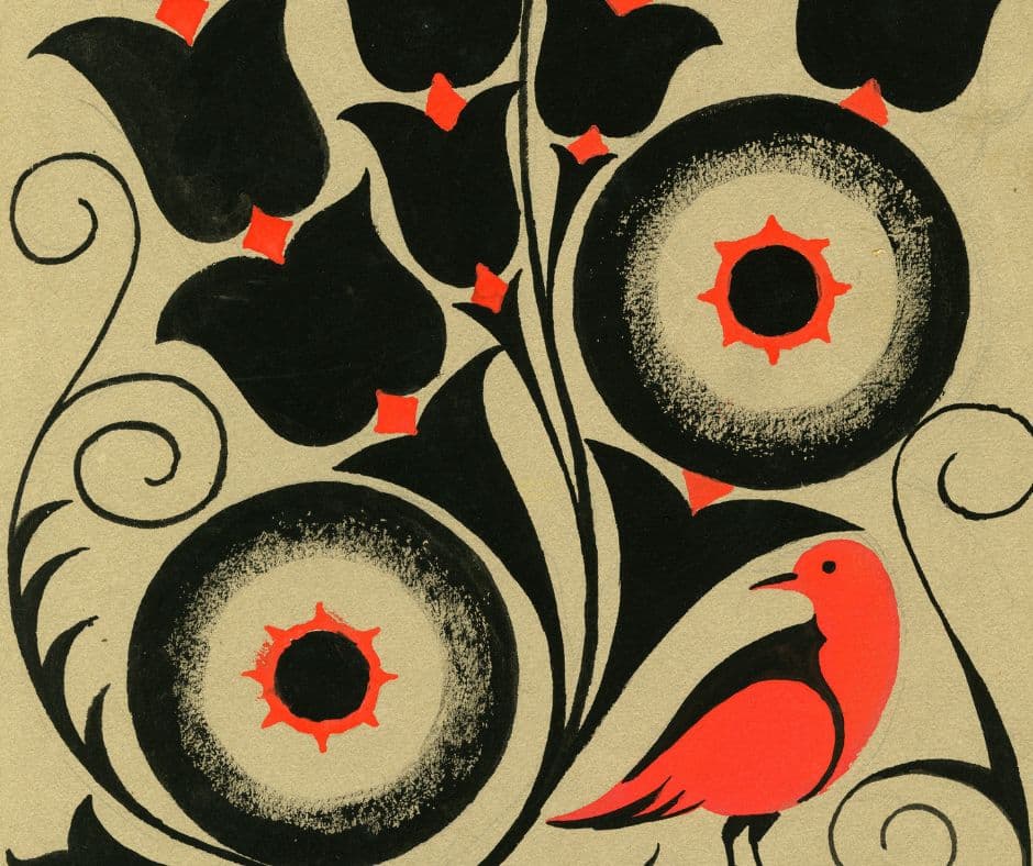 Francisca Rius i Sanuy. "Estilització floral amb ocell vermell", c.1914. Col·lecció particular (detall)