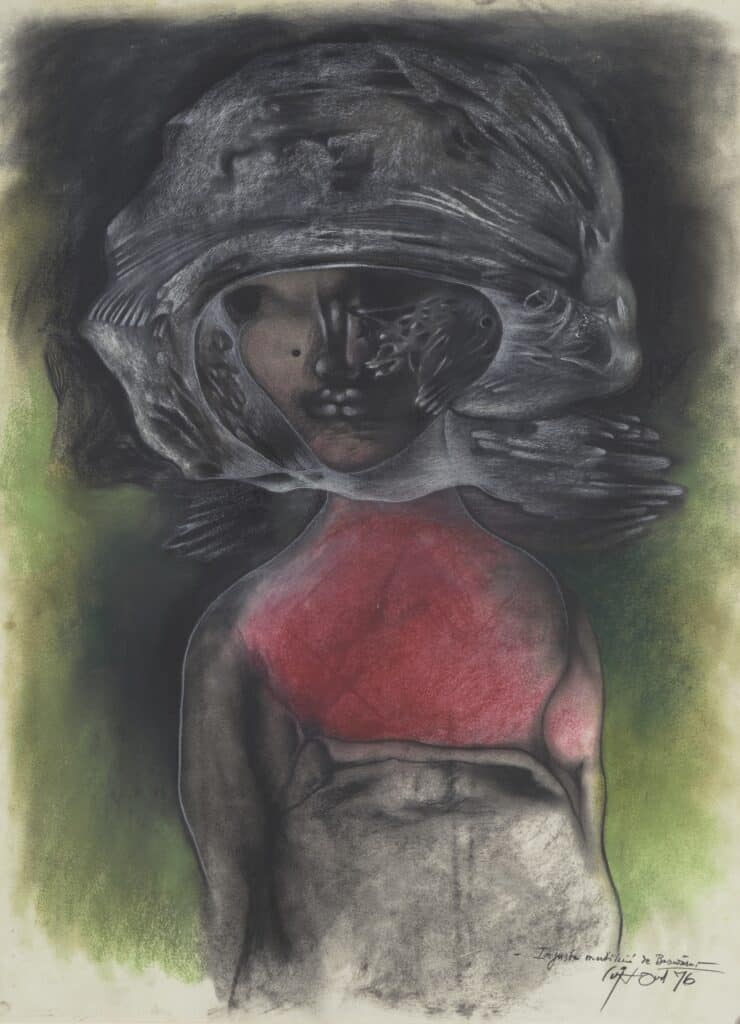 Dibuix surrealista d’una figura humana amb trets deformats i un rostre cobert per formes fosques i orgàniques; el tors és vermell intens i el fons combina tons verds i negres.