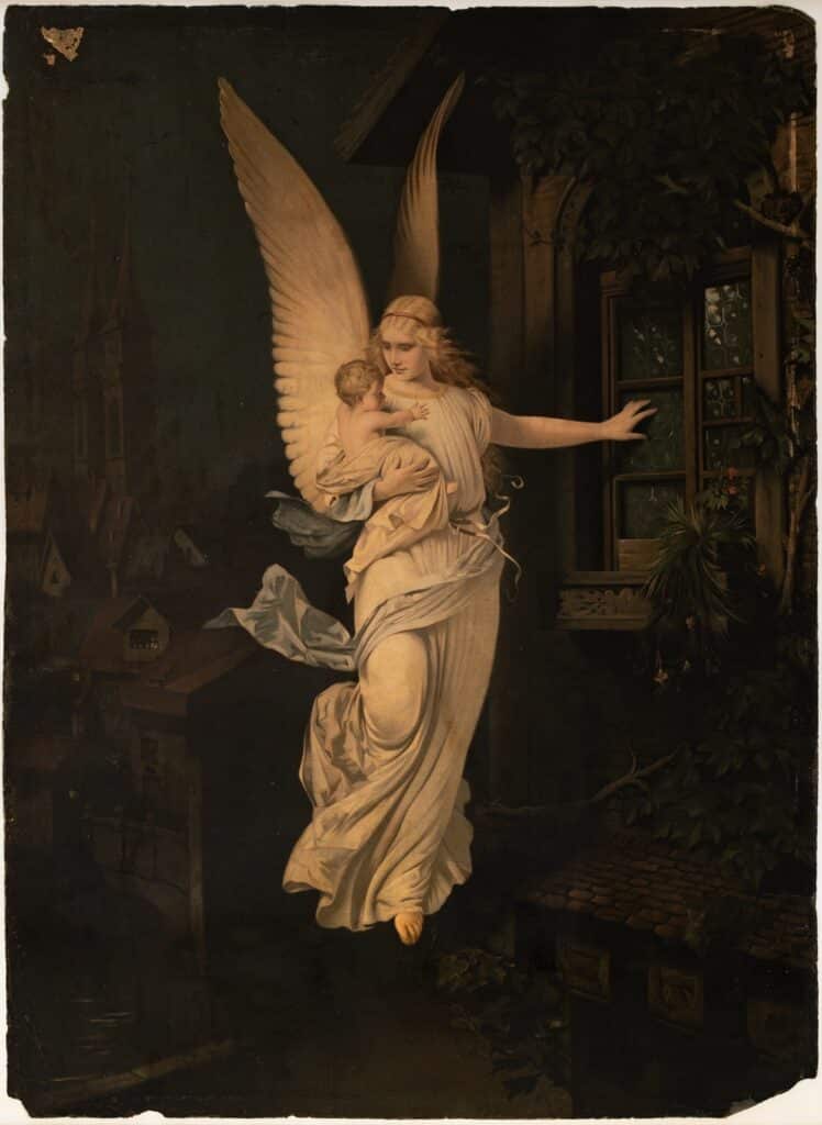 Pintura d’un àngel amb ales grans sostenint un nadó mentre vola de nit davant d’una finestra il·luminada.