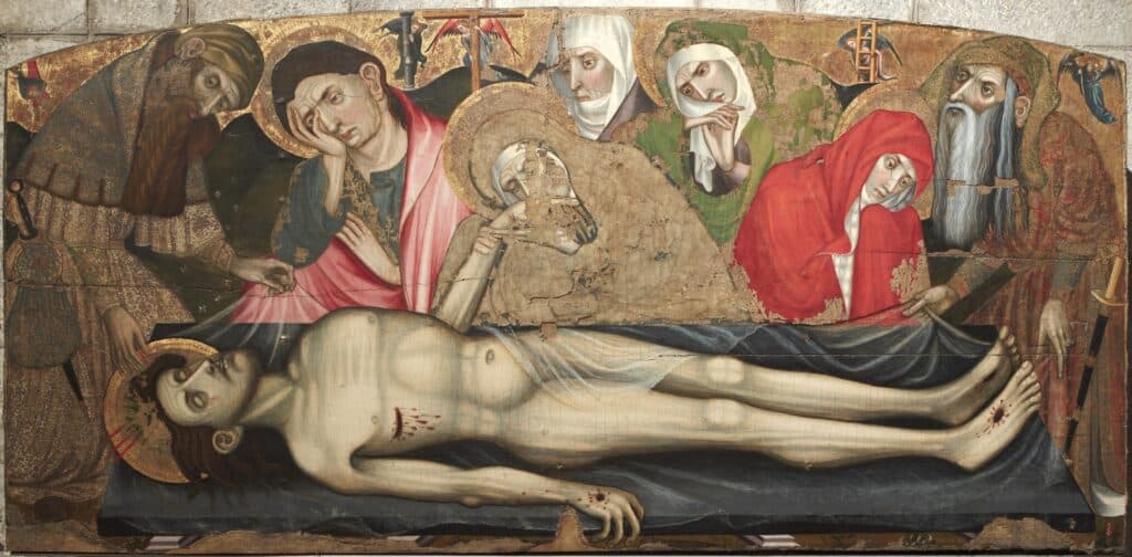 Lamentació sobre Crist mort, pintura gòtica sobre fusta daurada amb figures que envolten el cos jaçent de Crist mostrant les ferides de la crucifixió, incloent la Verge Maria, Sant Joan i les Maries.