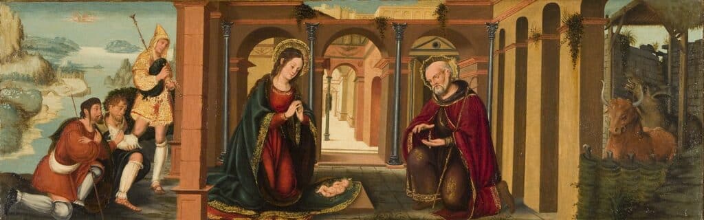 Nativitat renaixentista amb la Verge Maria agenollada adorant el Nen Jesús, acompanyada de Sant Josep i tres pastors en un pòrtic arquitectònic amb columnes, amb paisatges rurals als laterals.