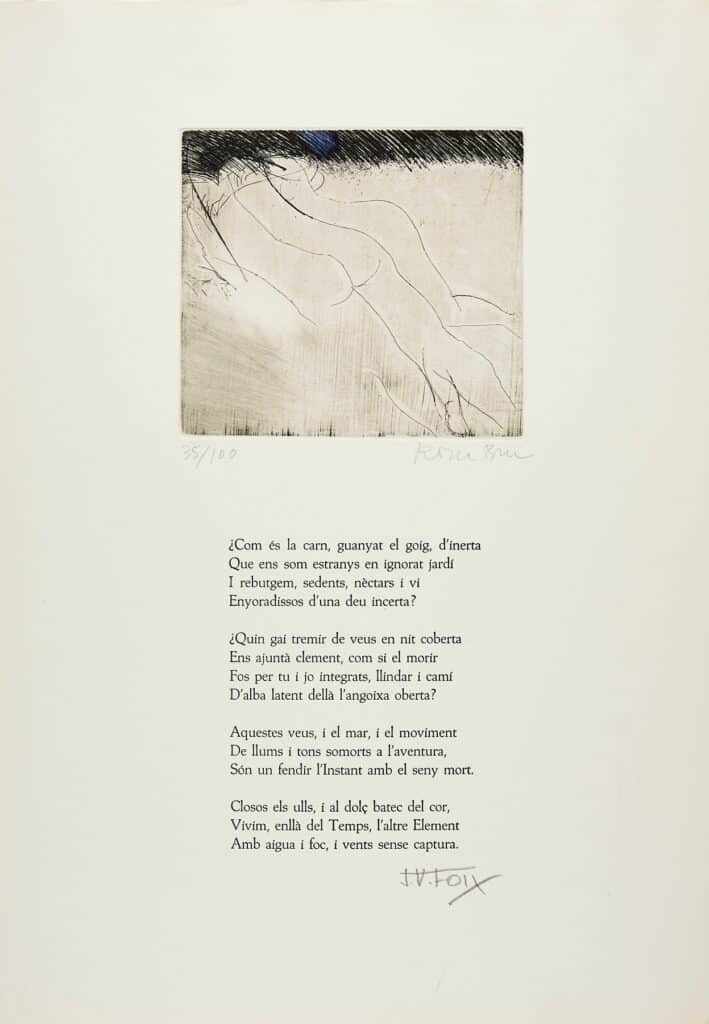 Full imprès amb una il·lustració abstracta a la part superior —traços fins i sinuosos sobre un fons clar, amb una franja fosca al marge superior— i, a sota, un poema en català compost en quatre estrofes.