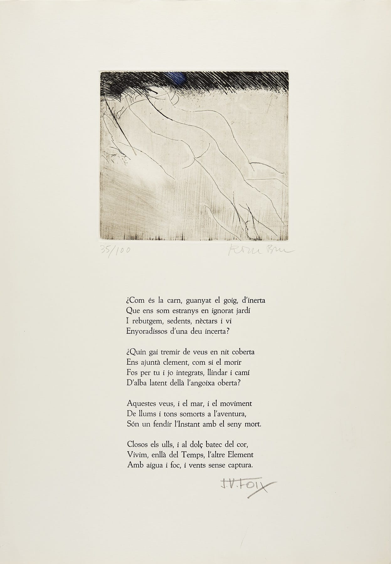 Full imprès amb una il·lustració abstracta a la part superior —traços fins i sinuosos sobre un fons clar, amb una franja fosca al marge superior— i, a sota, un poema en català compost en quatre estrofes.