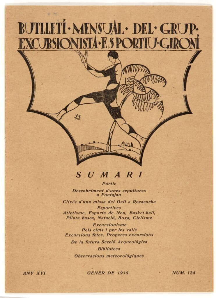 Portada vintage del Butlletí Mensual del Grup Excursionista Esportiu Gironí (gener de 1935), amb una il·lustració estilitzada d’un atleta en moviment sobre un paisatge, dins un marc decoratiu, i el sumari de continguts excursionistes i esportius a la part inferior.