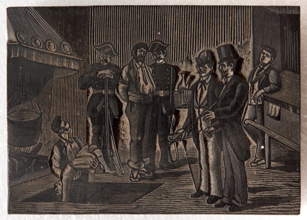 Gravat en blanc i negre que representa una escena d'interior amb un home emmanillat custodiat per dos guàrdies, mentre diverses persones observen l'escena. En primer terme, un treballador emergeix d'una obertura al terra amb el cos d'una persona.