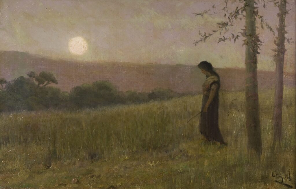 Pintura d'un paisatge al capvespre amb una figura femenina dreta en un prat, prop d'uns arbres, sota un sol baix a l'horitzó. La dona mira cap a terra i sosté una branca o una vara a la mà.