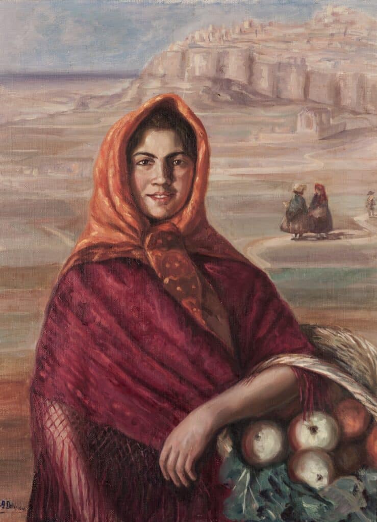 Pintura d’una dona jove amb un mocador vermell al cap i un mantell granat, que sosté una cistella amb pomes. Al fons, un paisatge àrid amb una formació rocosa i dues figures humanes.