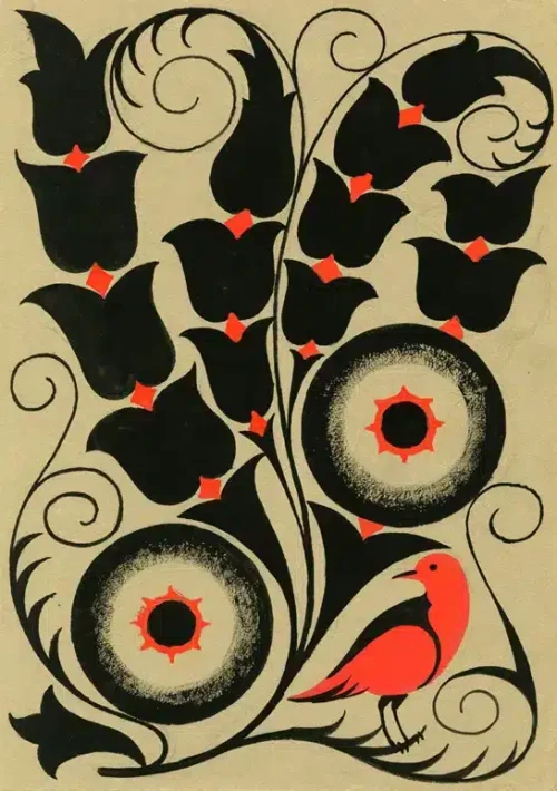 Francisca Rius i Sanuy. "Estilització floral amb ocell. vermell", c. 1914. Col·lecció particular